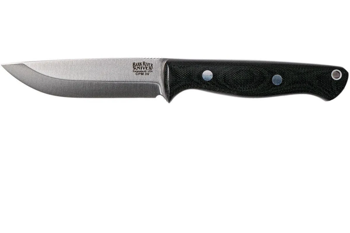 Bark River Gunny Scandi CPM 3V, Black Canvas micarta, funda marrón