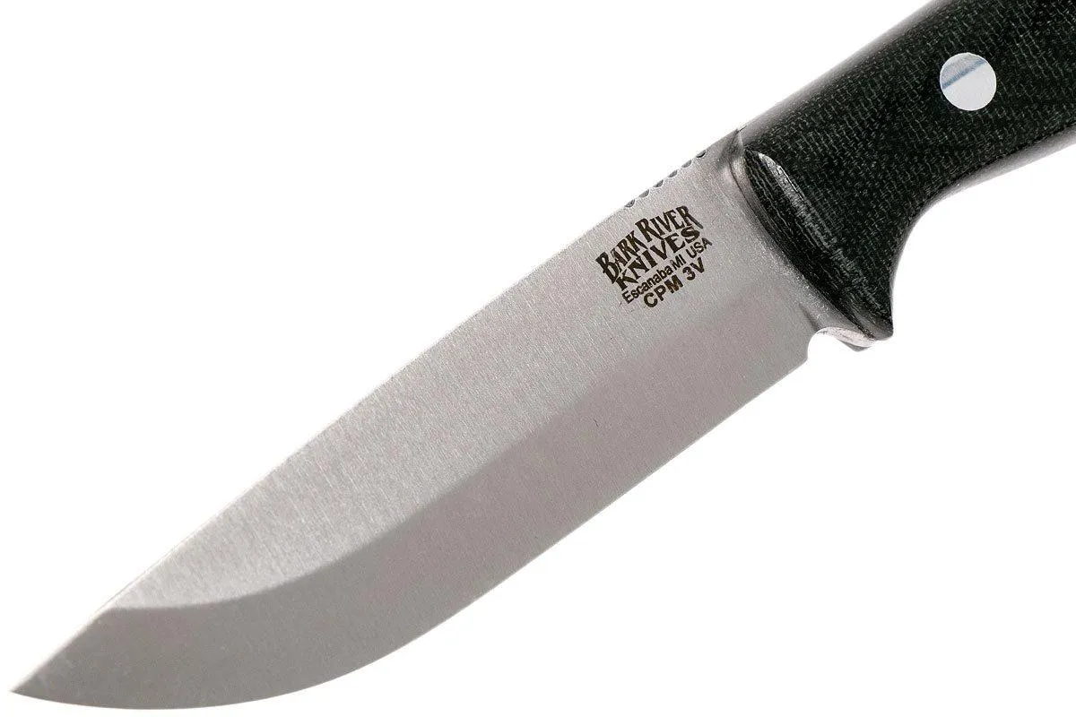 Bark River Gunny Scandi CPM 3V, Black Canvas micarta, funda marrón