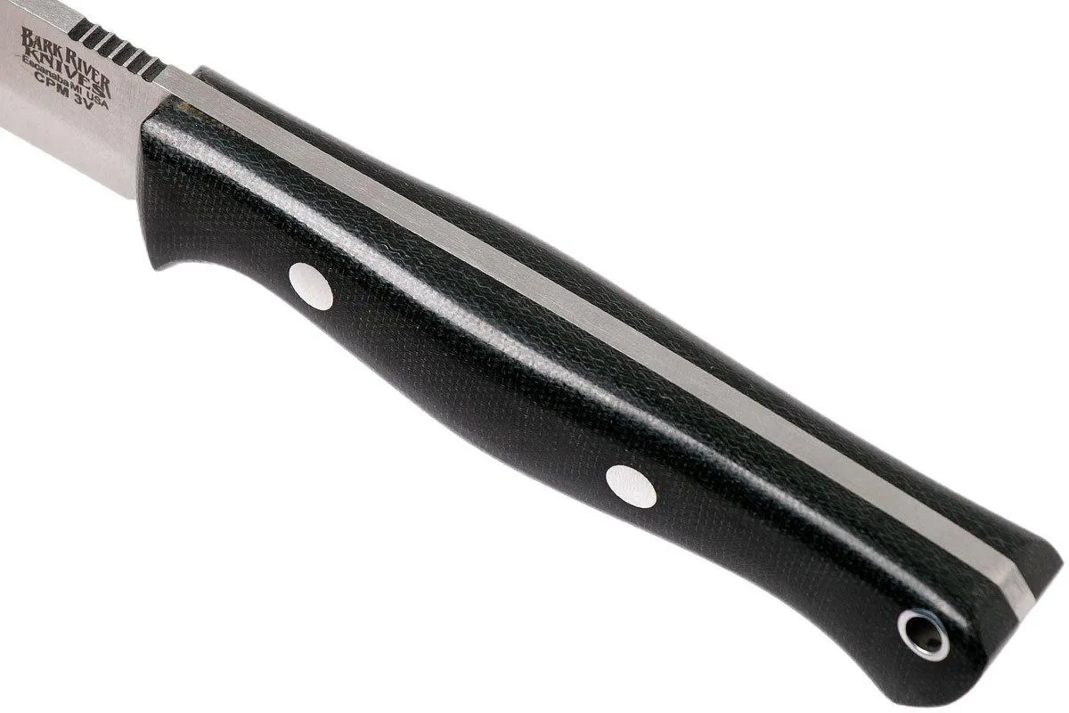 Bark River Gunny Scandi CPM 3V, Black Canvas micarta, funda marrón