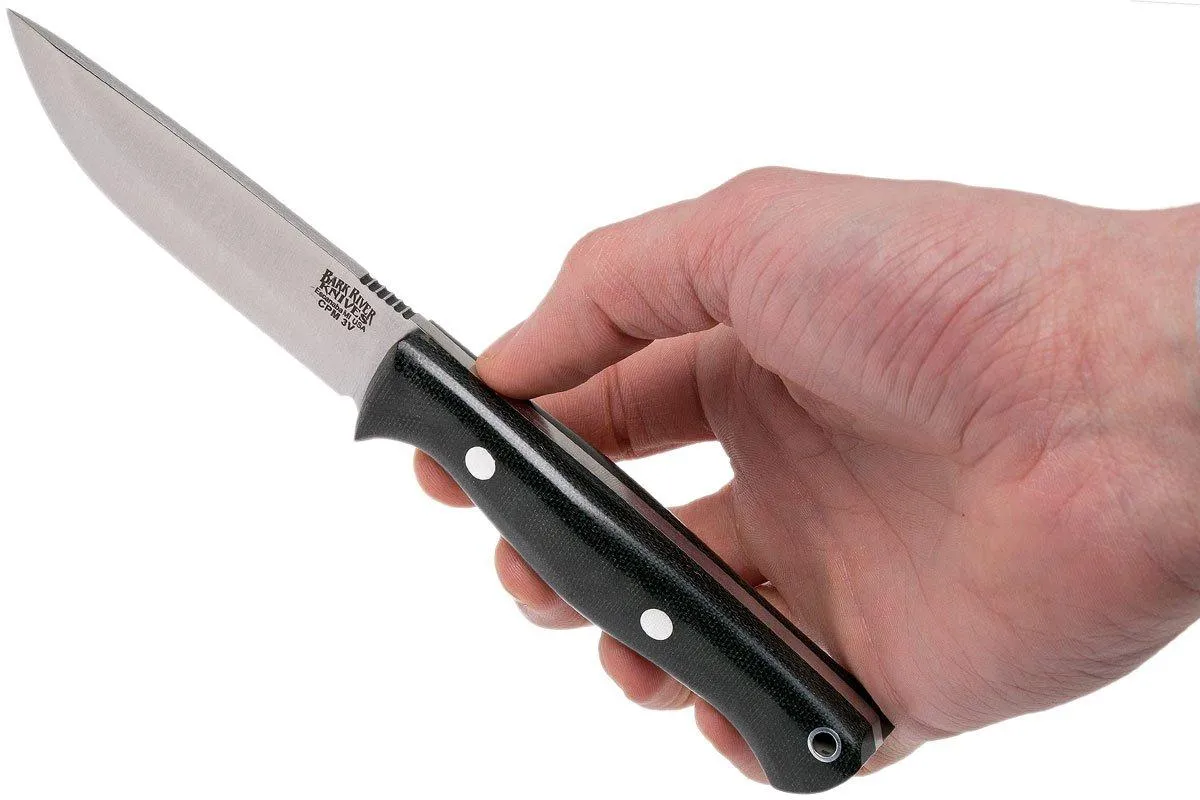 Bark River Gunny Scandi CPM 3V, Black Canvas micarta, funda marrón