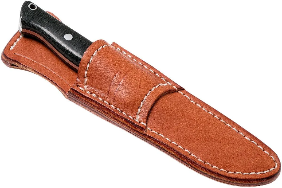 Bark River Gunny Scandi CPM 3V, Black Canvas micarta, funda marrón