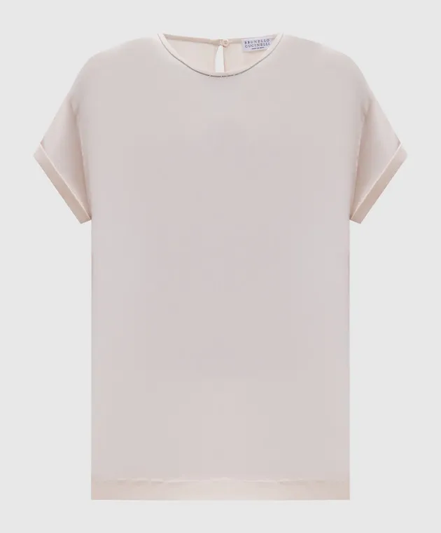 Brunello Cucinelli Beige silk top with monil chain