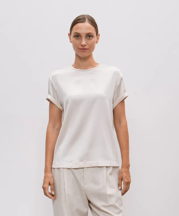 Brunello Cucinelli Beige silk top with monil chain