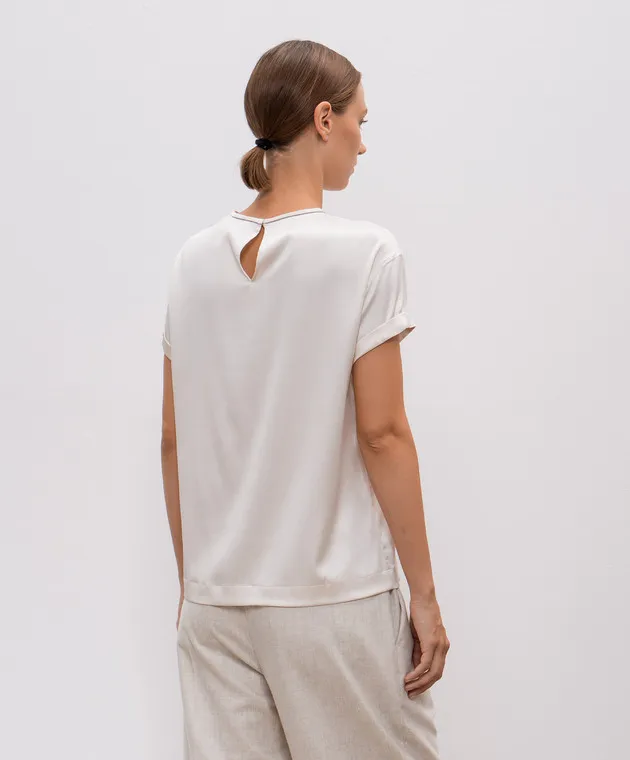 Brunello Cucinelli Beige silk top with monil chain