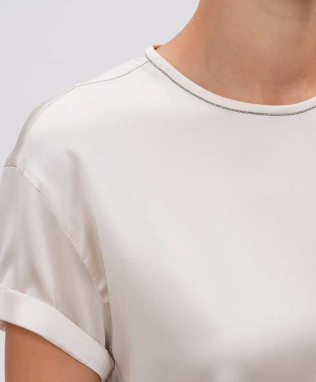 Brunello Cucinelli Beige silk top with monil chain