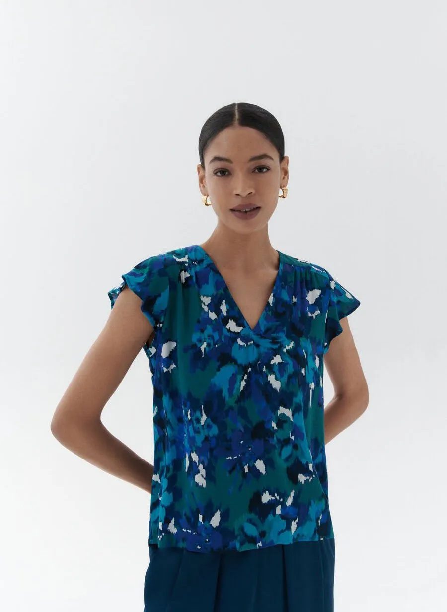 CAROLL COLINE  TOP RECTO CON CUELLO DE PICO ESTAMPADO EN AZUL