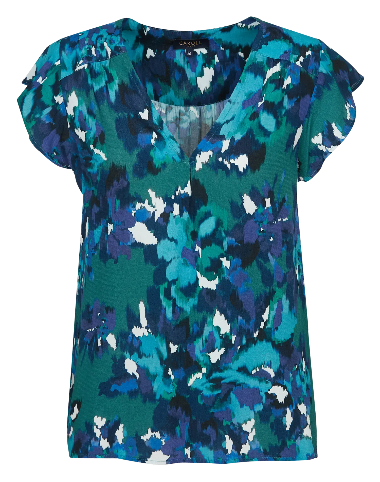 CAROLL COLINE  TOP RECTO CON CUELLO DE PICO ESTAMPADO EN AZUL