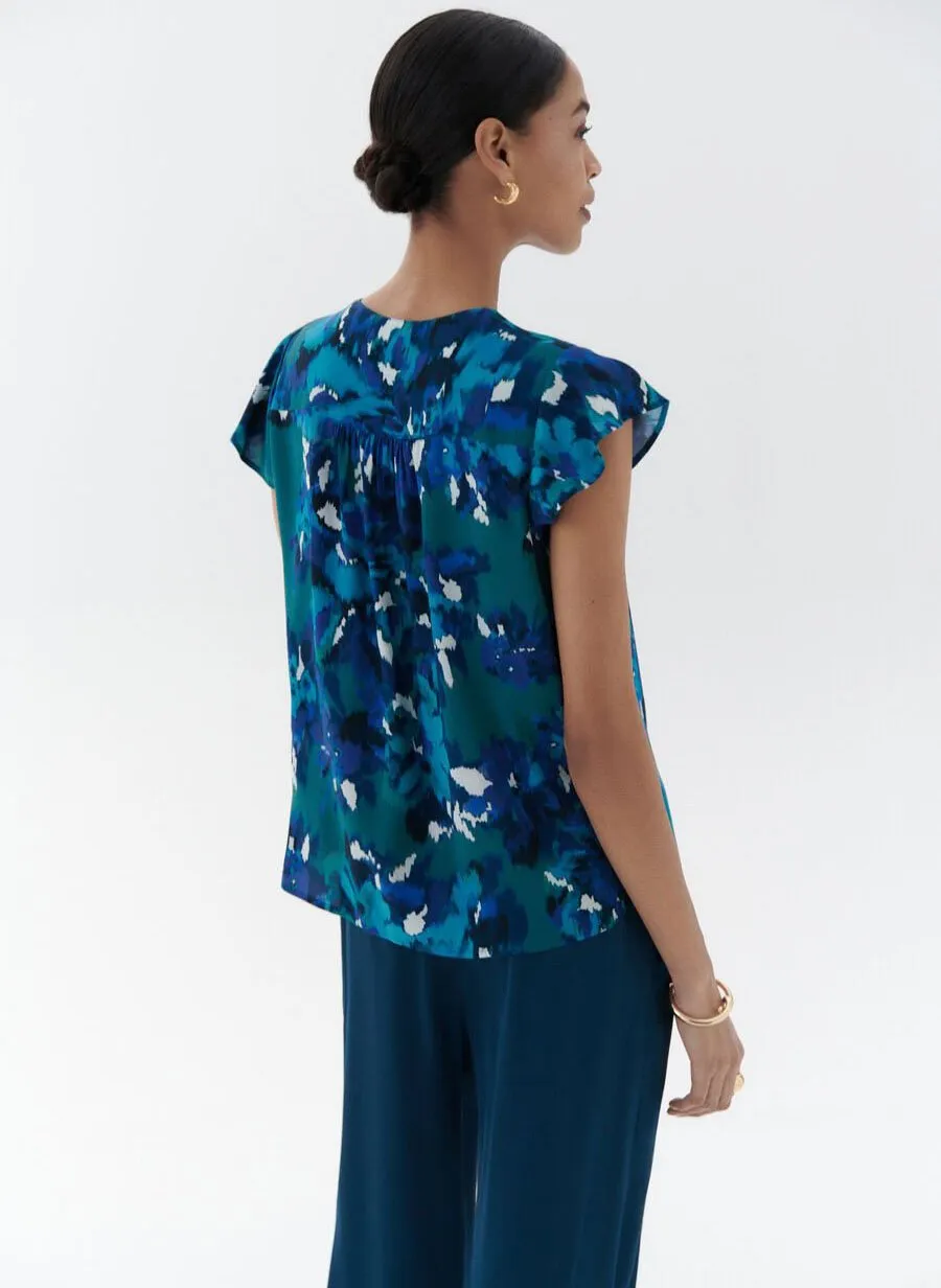 CAROLL COLINE  TOP RECTO CON CUELLO DE PICO ESTAMPADO EN AZUL