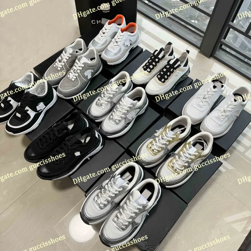 Diseñador corriendo zapatos C de cuero Sport Runner de encaje de zapatillas zapato dorado plano metálico plano entrenador malla 