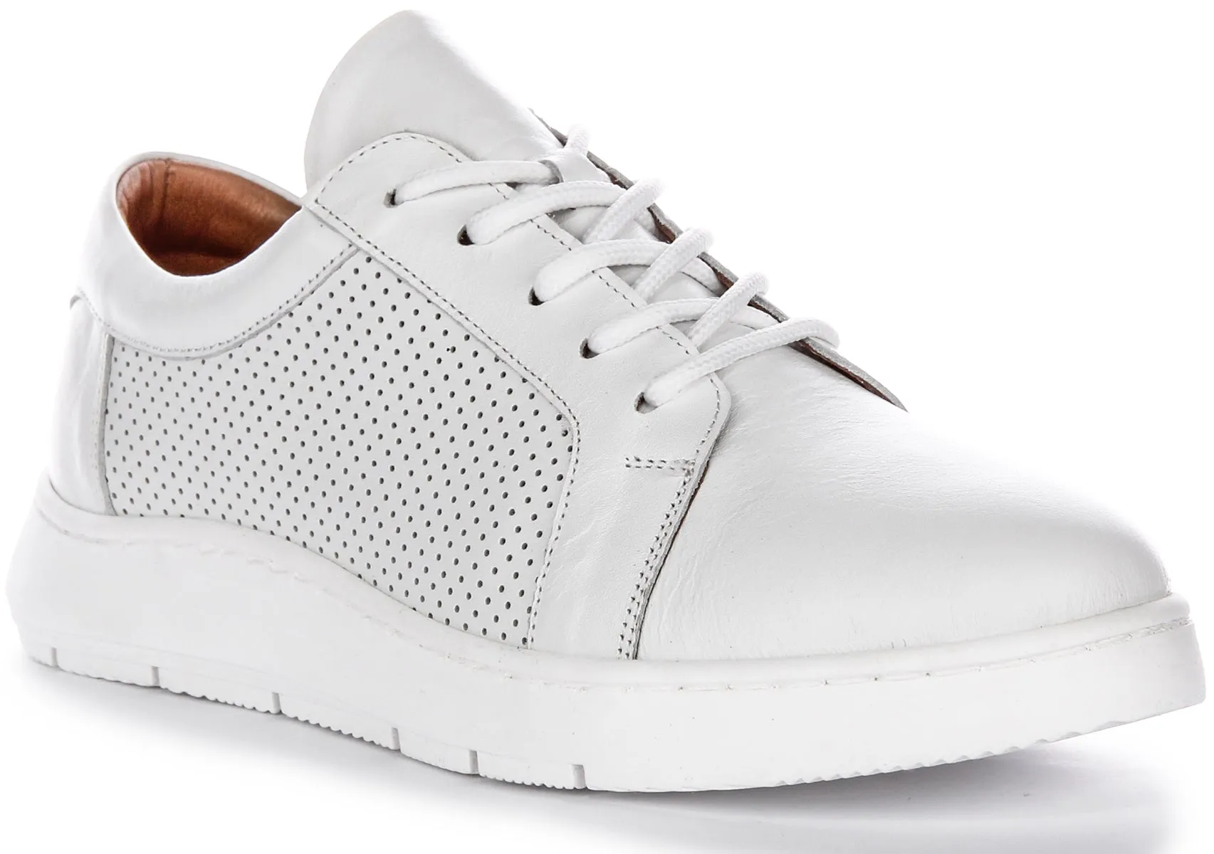 Justinreess Zapatillas de Cuero para Mujer  Swift 2 Cordones Redondos Consuela Blanda En Blanco