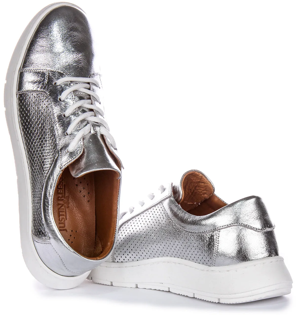 Justinreess Zapatillas de Cuero para Mujer  Swift 2 Cordones Redondos Consuela Blanda En Blanco