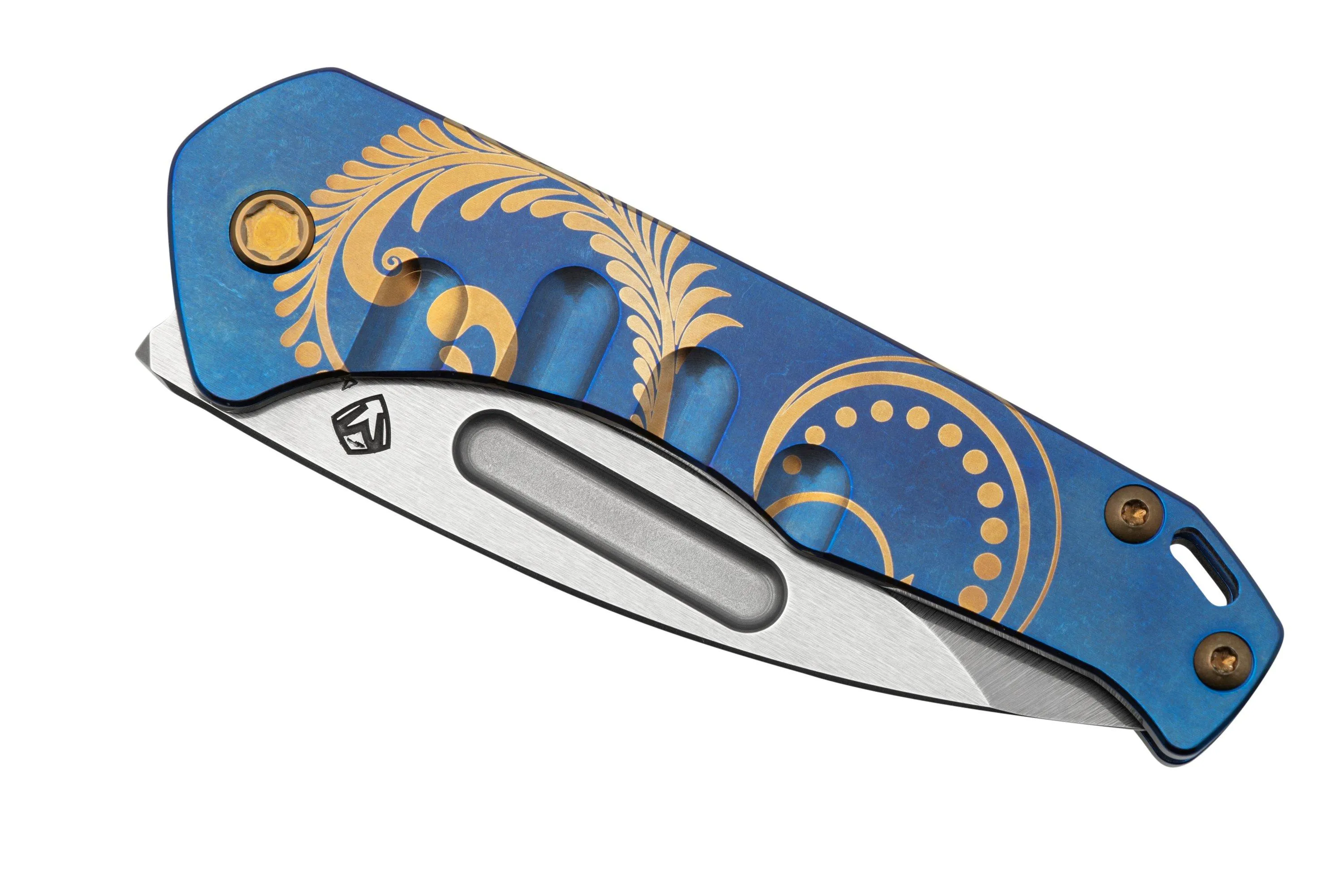 Medford Prae Slim, S45VN Tumbled Drop Point Blade, Blue Bronze Acanthus Handle navaja