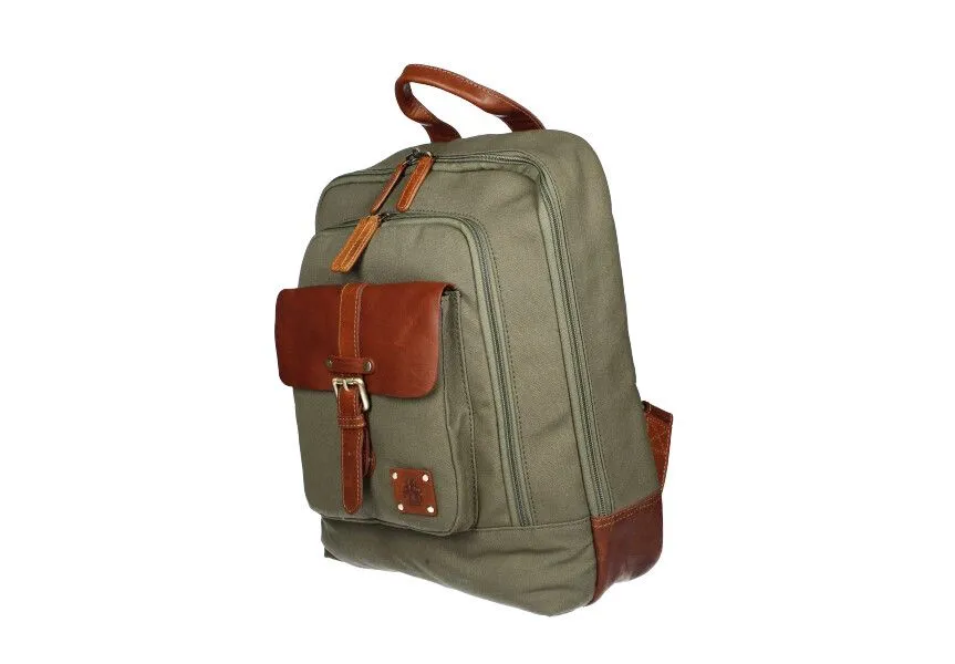 Mochila Textil/piel Grande Kaki Solapa y Asas Cuero