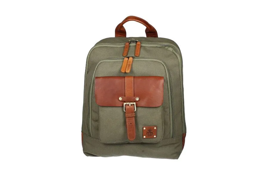 Mochila Textil/piel Grande Kaki Solapa y Asas Cuero