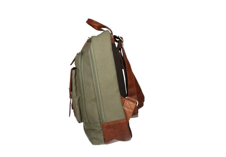 Mochila Textil/piel Grande Kaki Solapa y Asas Cuero
