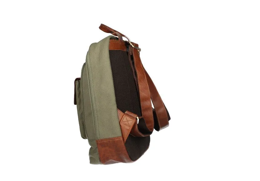 Mochila Textil/piel Grande Kaki Solapa y Asas Cuero