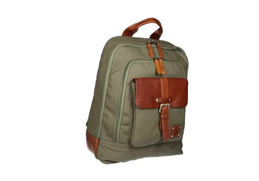 Mochila Textil/piel Grande Kaki Solapa y Asas Cuero