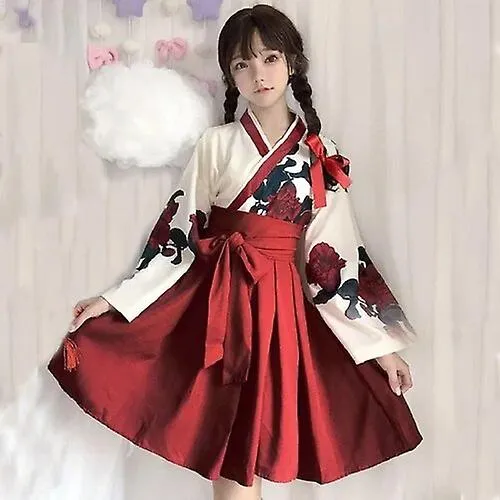 Moda De Mujer Estilo Japonés Vintage Kimono Estampado Floral Vestido De Manga Larga Hanfu Cosplay Trajes De Niña Top+Falda De La