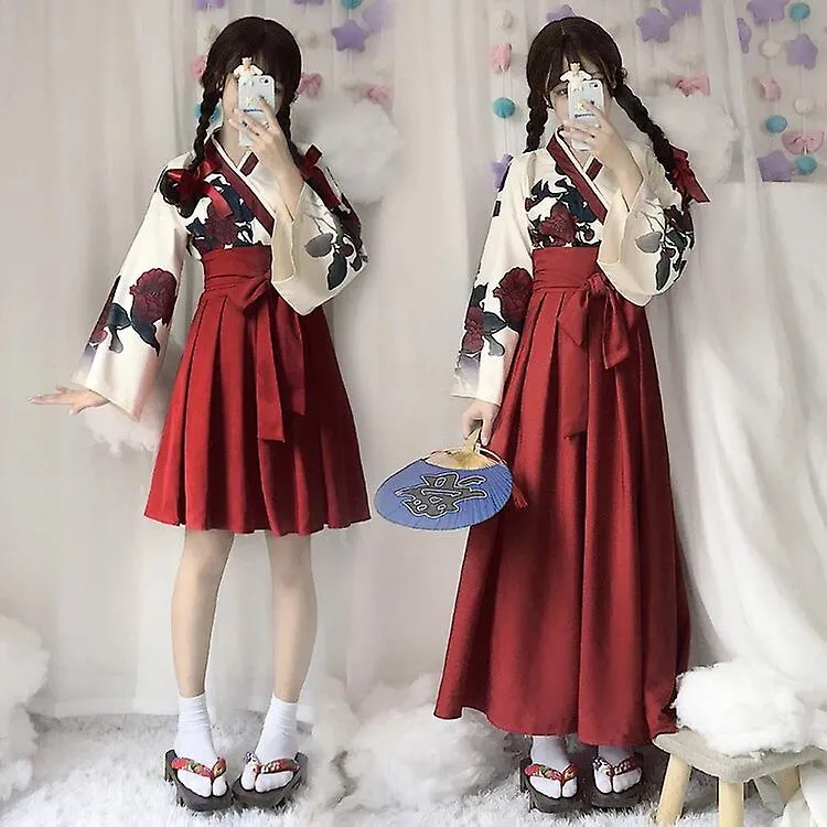 Moda De Mujer Estilo Japonés Vintage Kimono Estampado Floral Vestido De Manga Larga Hanfu Cosplay Trajes De Niña Top+Falda De La