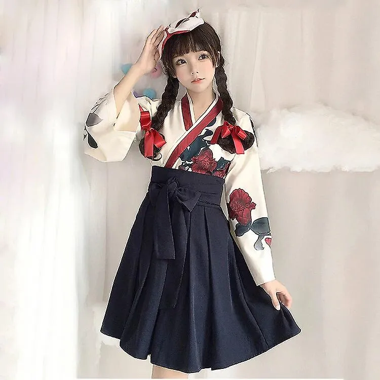 Moda De Mujer Estilo Japonés Vintage Kimono Estampado Floral Vestido De Manga Larga Hanfu Cosplay Trajes De Niña Top+Falda De La