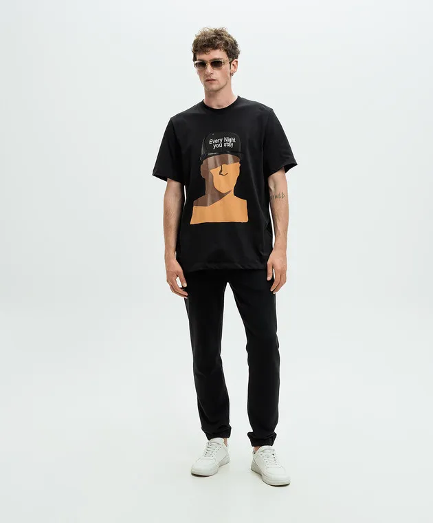 MSGM BLACK TSHIRT WITH PRINT AND LOGO