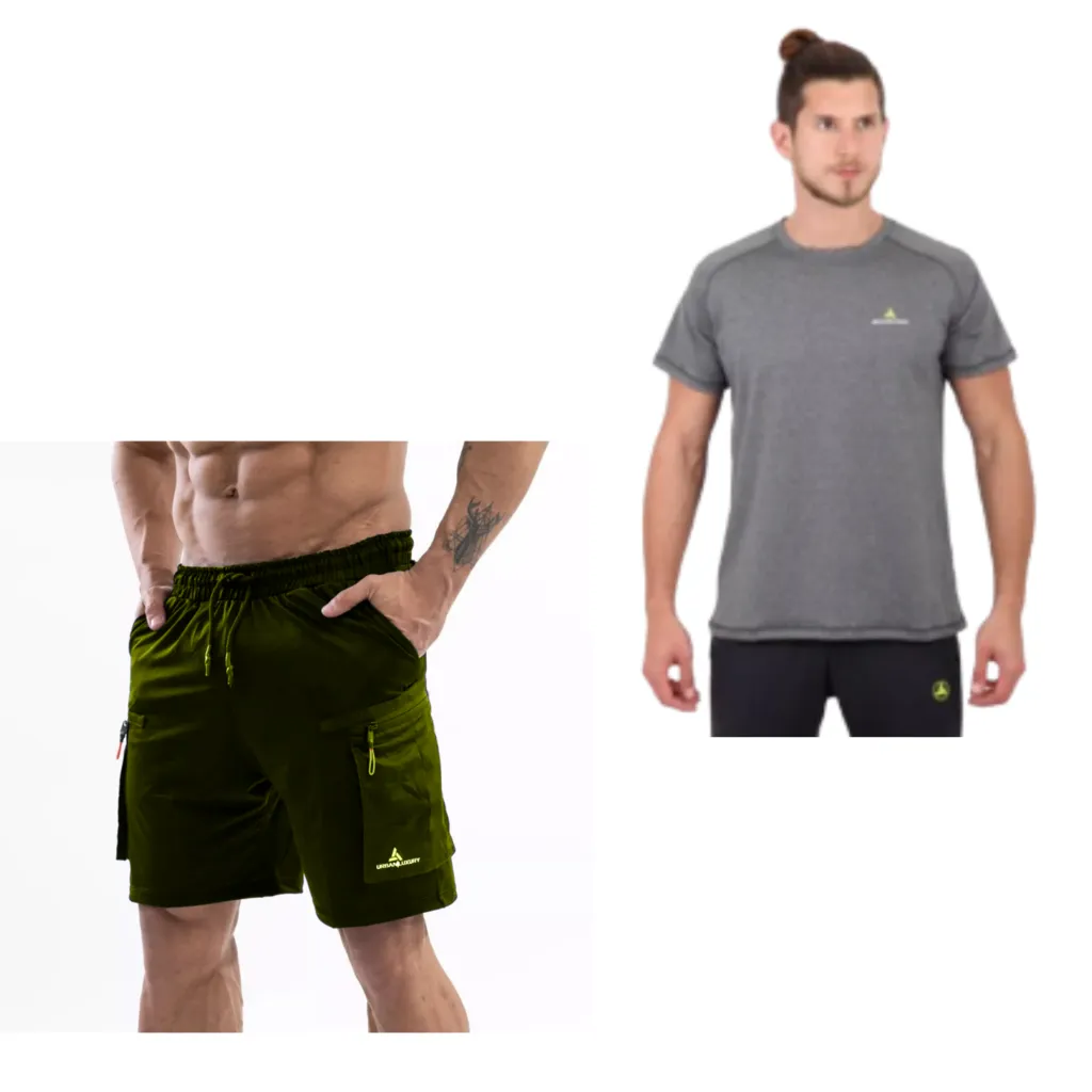 Short Deportivo C/Bolsillos Shcargo Verde + Remera Gris Rmdf