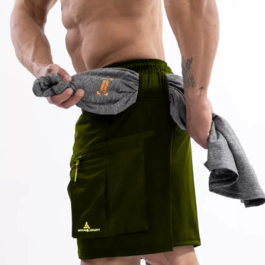 Short Deportivo C/Bolsillos Shcargo Verde + Remera Gris Rmdf