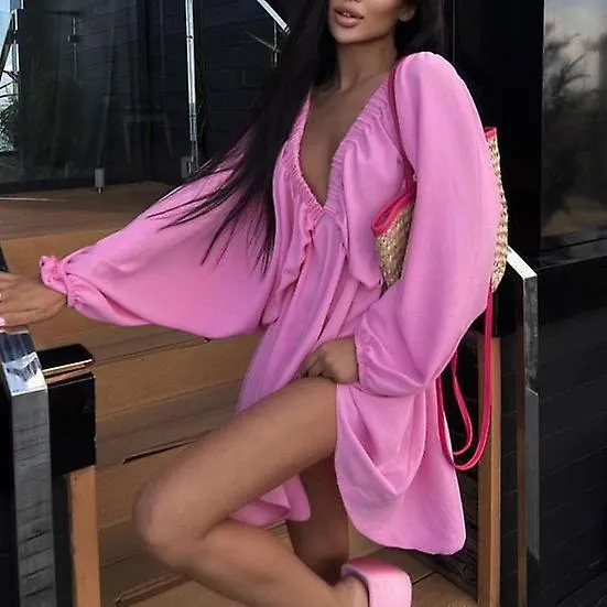 Spring Fall Mini Dress V neck Dress up Loose Chic Elastic Waist Spring Fall Mini Dress Female Clothes