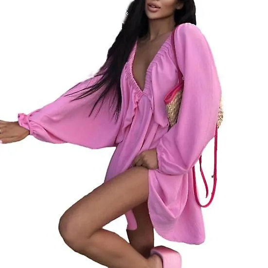 Spring Fall Mini Dress V neck Dress up Loose Chic Elastic Waist Spring Fall Mini Dress Female Clothes