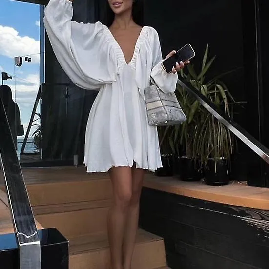 Spring Fall Mini Dress V neck Dress up Loose Chic Elastic Waist Spring Fall Mini Dress Female Clothes