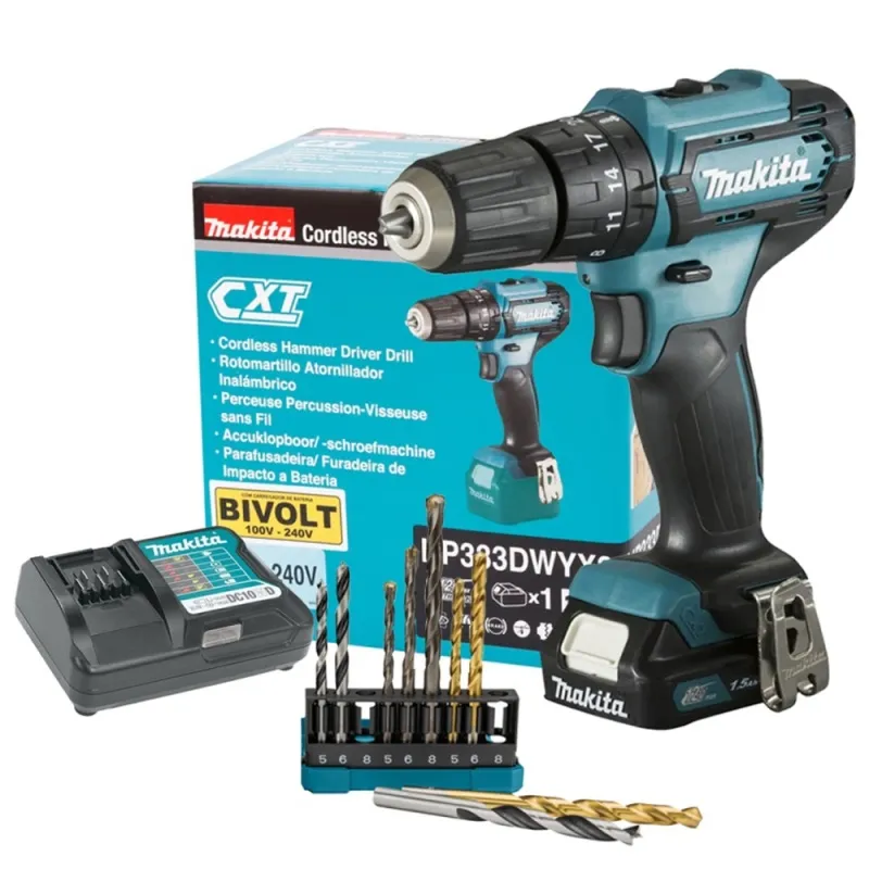 TALADRO PERCUTOR 3/8" 12V CXT HP333DWYX3 + SET DE BROCAS D71962 MAKITA HP333DWYX3K1