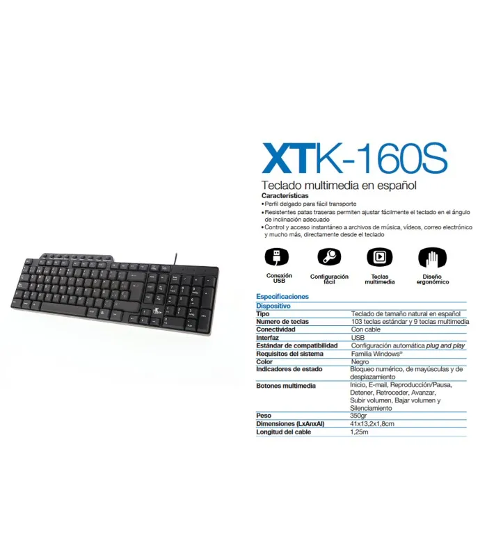 TECLADO XTECH XTK160S USB ALAMBRICO NEGRO ESPAÑOL/MULTIMEDIA/ BK PC.
