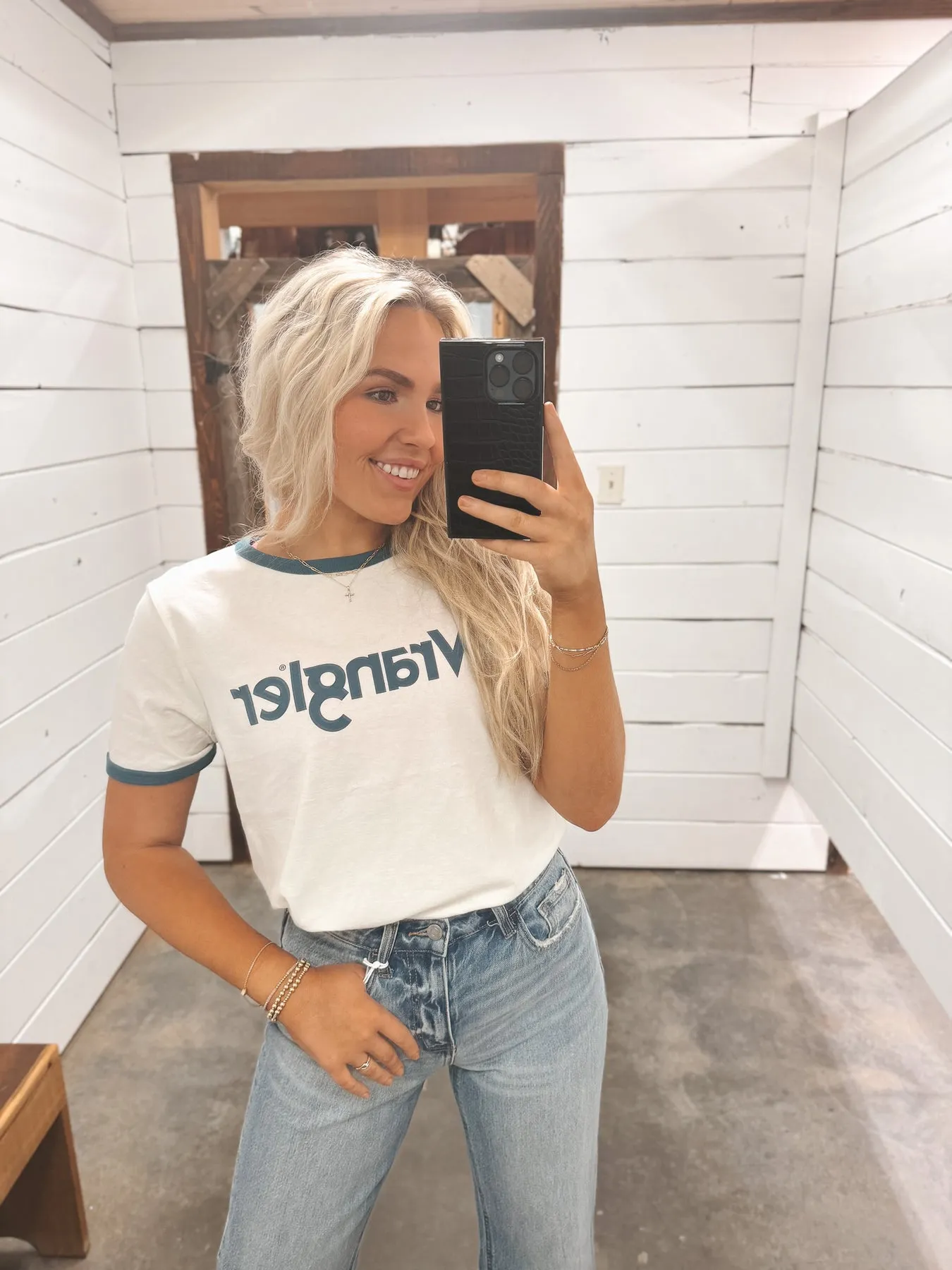 WOMEN'S WRANGLER LOGO RINGER TEE IN MALLOW
