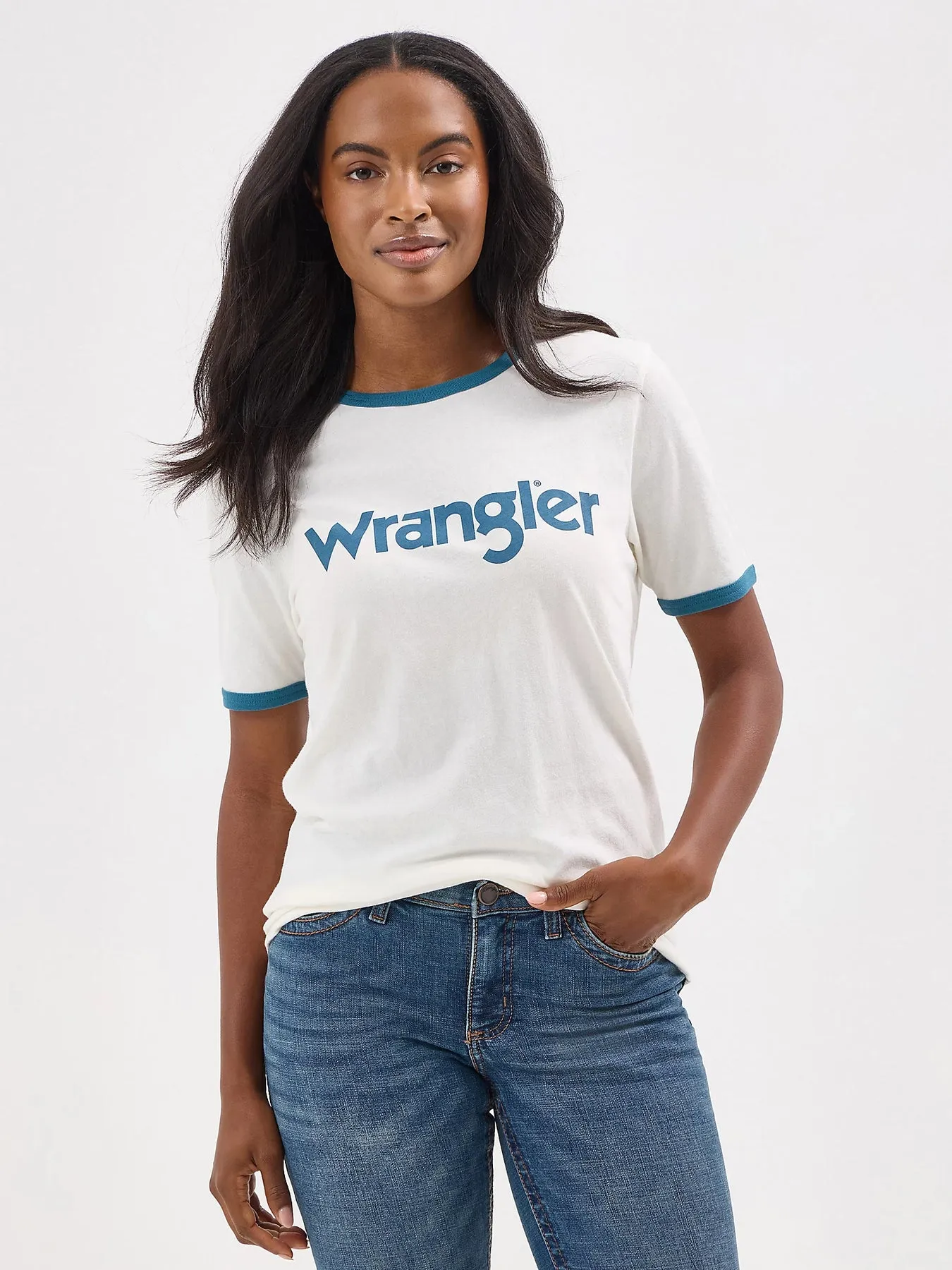 WOMEN'S WRANGLER LOGO RINGER TEE IN MALLOW