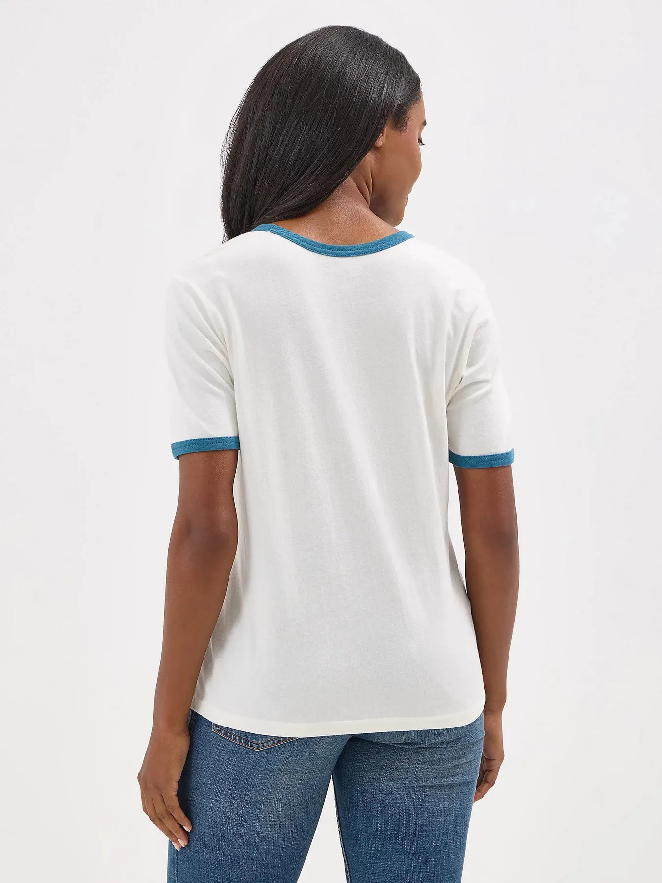 WOMEN'S WRANGLER LOGO RINGER TEE IN MALLOW