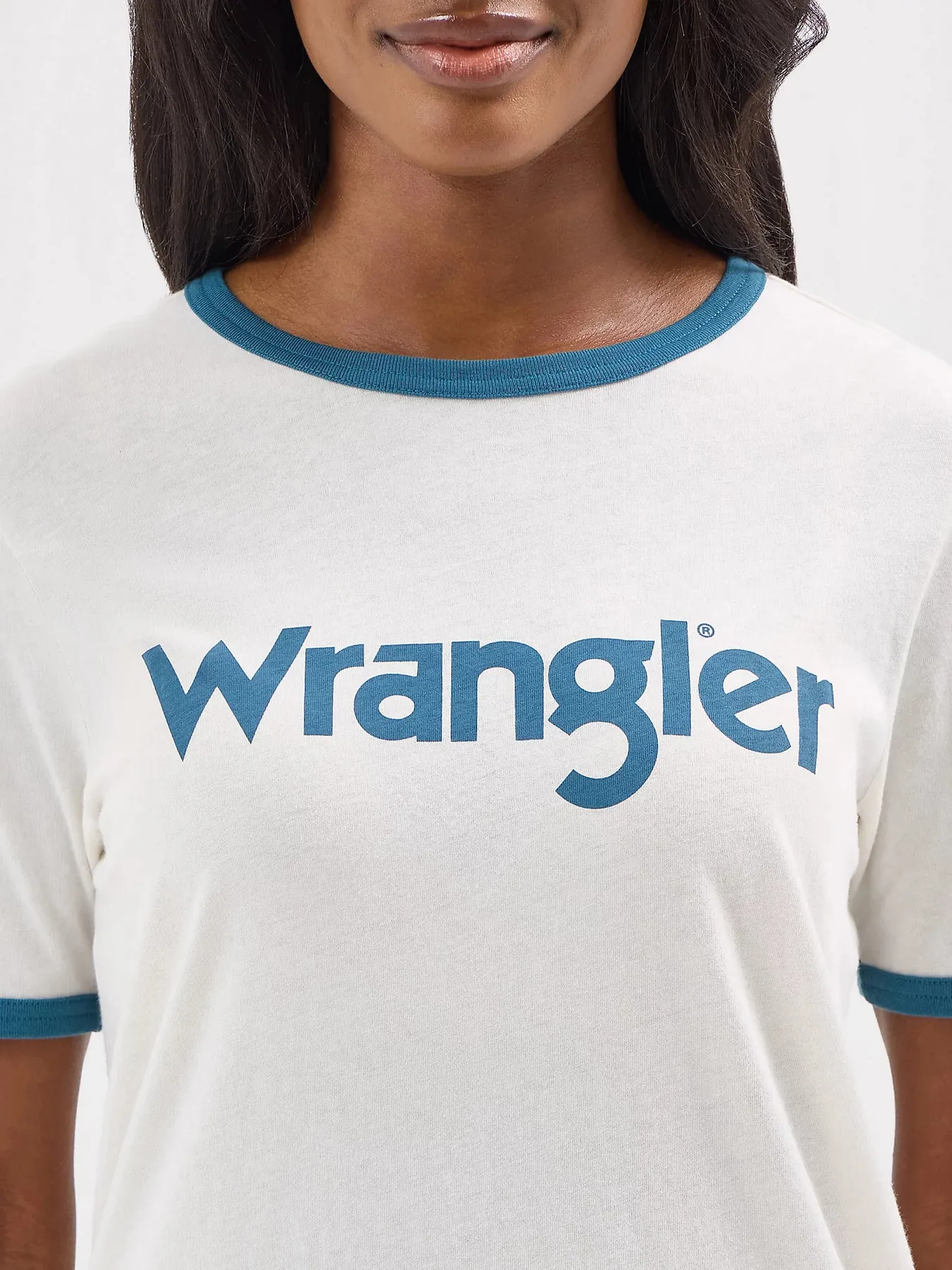 WOMEN'S WRANGLER LOGO RINGER TEE IN MALLOW