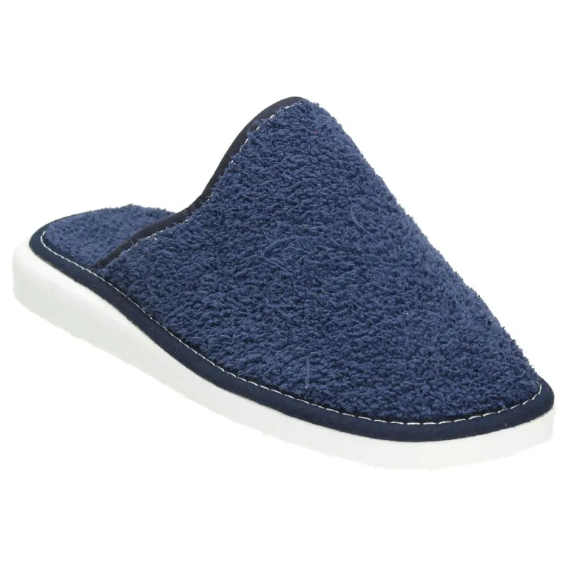 Zapatillas de casa para mujer, planas, de toalla azul marino y puntera cerrada