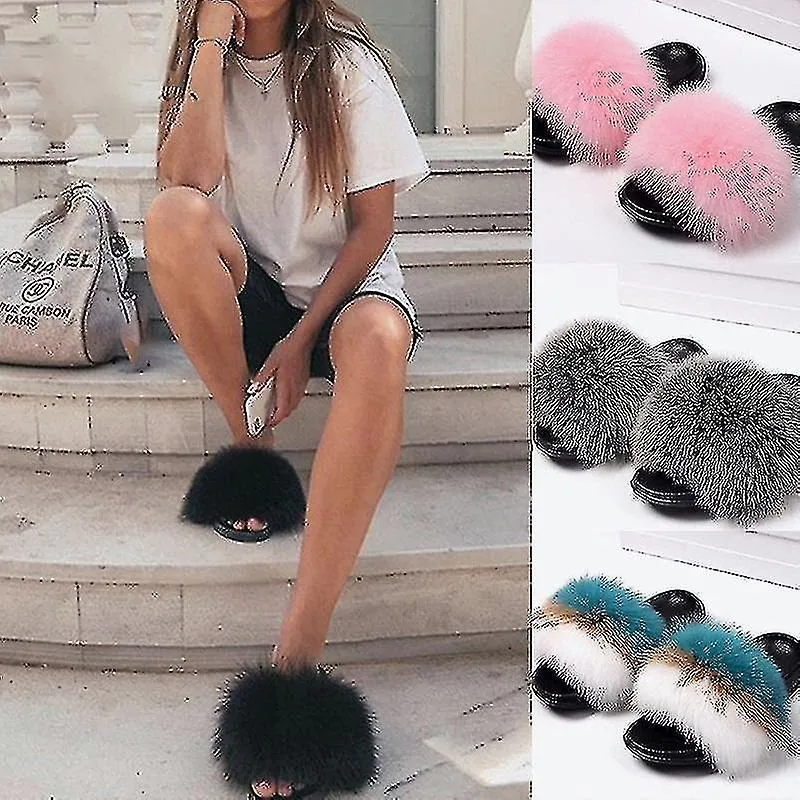 Zapatillas de piel de verano Esponjosas Lindas damas de peluche Chanclas de lujo con encanto Sandalias
